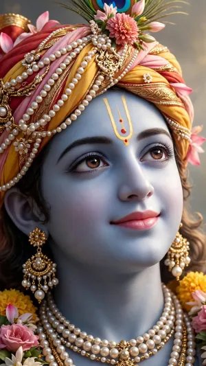Serene Krishna Portrait with Floral Turban, Pearl Jewelry and Peacock Feather