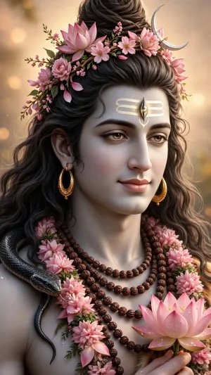 Serene Lord Shiva with Lotus and Blossoms – Divine Mahadev Wallpaper