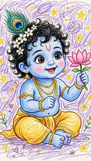 Cute Baby Krishna Holding a Lotus – Hand Drawn Devotional Krishna Artwork