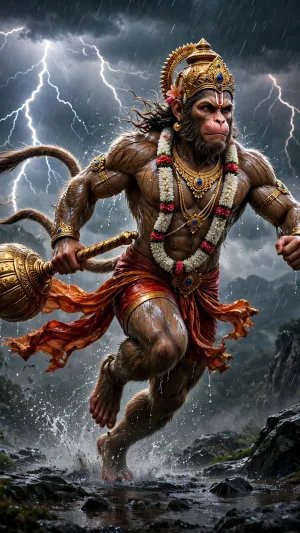 Veer Hanuman Charging Through a Thunderstorm with Golden Gada