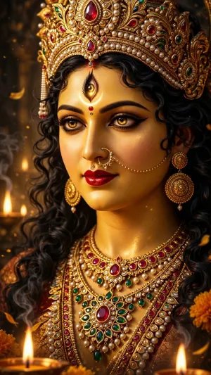 Golden Goddess Radiance — A Divine Portrait Framed by Sacred Diya Light