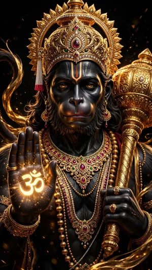 Majestic Lord Hanuman with Golden Crown and Sacred Om Blessing