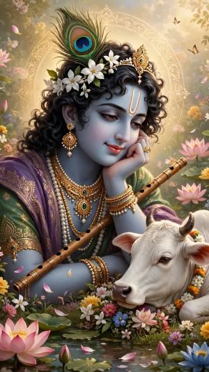 Krishna in a Dreamlike Lotus Garden with Flute and Peacock Feather