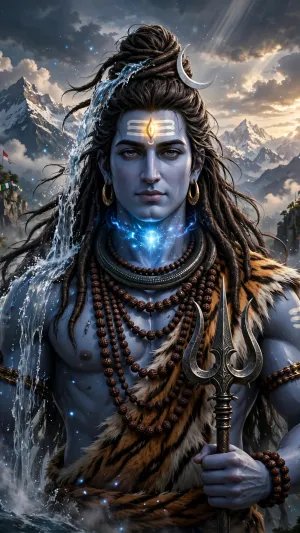 Mahadev Under the Himalayan Sky – Divine Shiva with Ganga and Trishul
