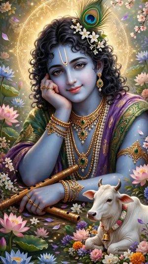 Krishna in a Garden of Lotuses – A Serene Portrait of Divine Beauty