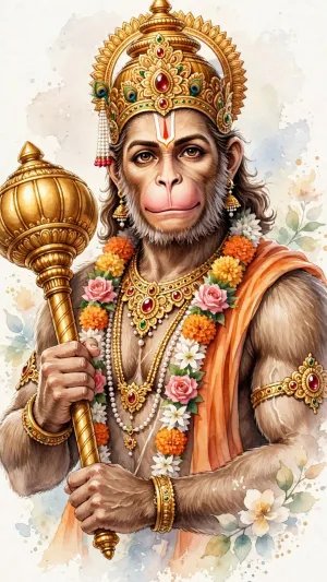 Hanuman with the Golden Mace – A Watercolor Portrait of Devotion and Strength