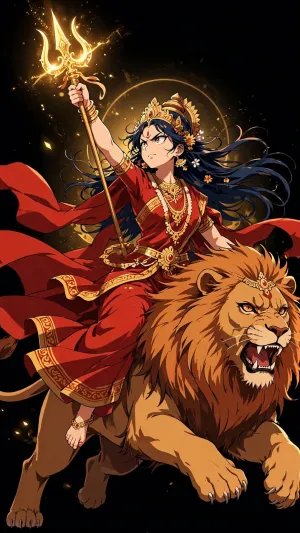 Radiant Durga Riding the Lion – Anime-Inspired Divine Power