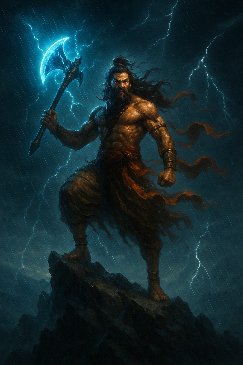 Fierce Parashurama in Stormy Battlefield 4K Wallpaper for iPhone & Android