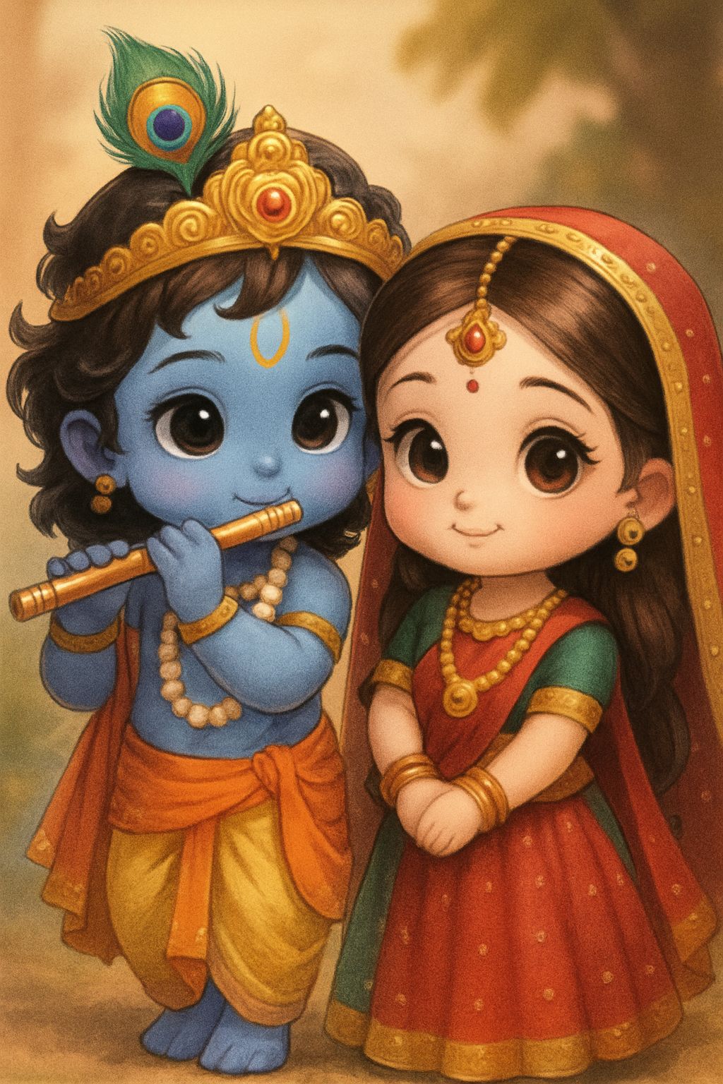 Cute Krishna and Radha in Traditional Attire