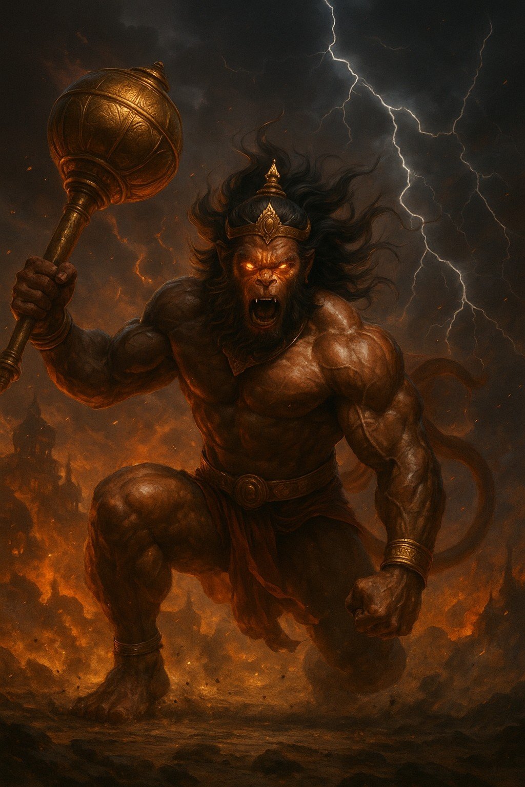 Fierce Hanuman with Gada and Lightning 4K Wallpaper for iPhone & Android