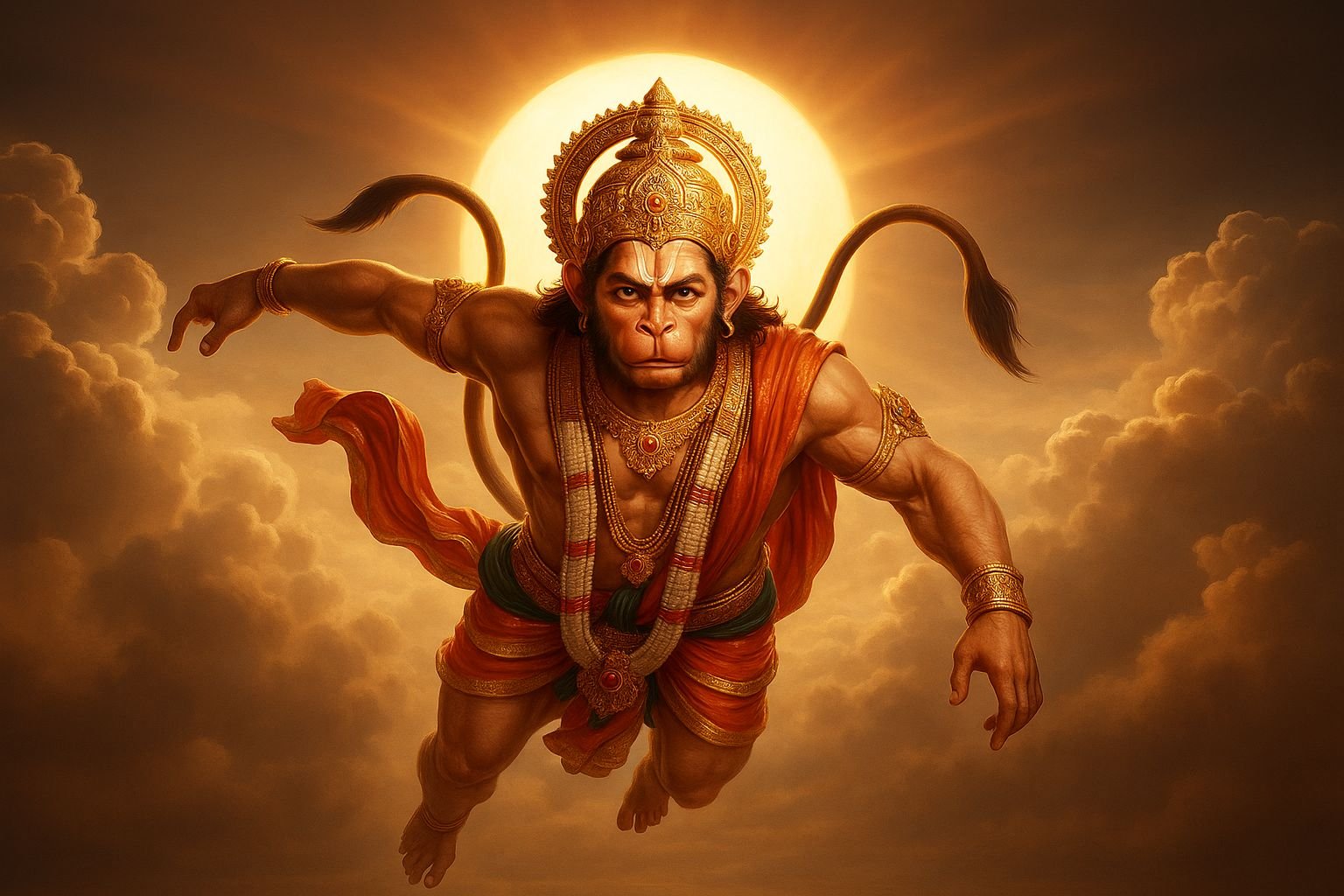 Flying Hanuman Ji with Glowing Sun Background