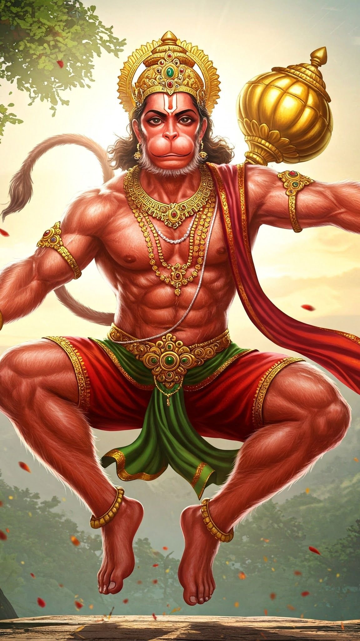 Powerful Lord Hanuman in Jumping Pose with Gada 4K Wallpaper for iPhone & Android