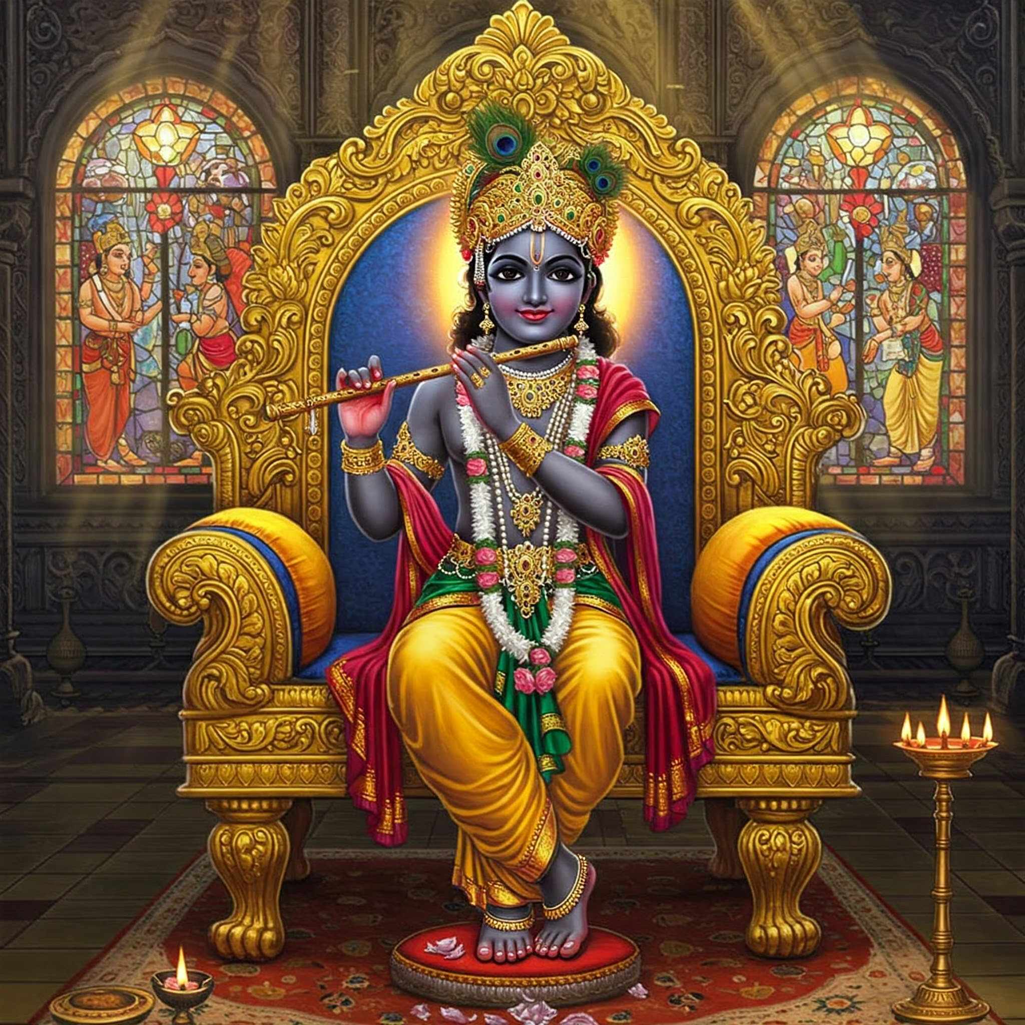 Lord Krishna Sitting on Throne Playing Flute