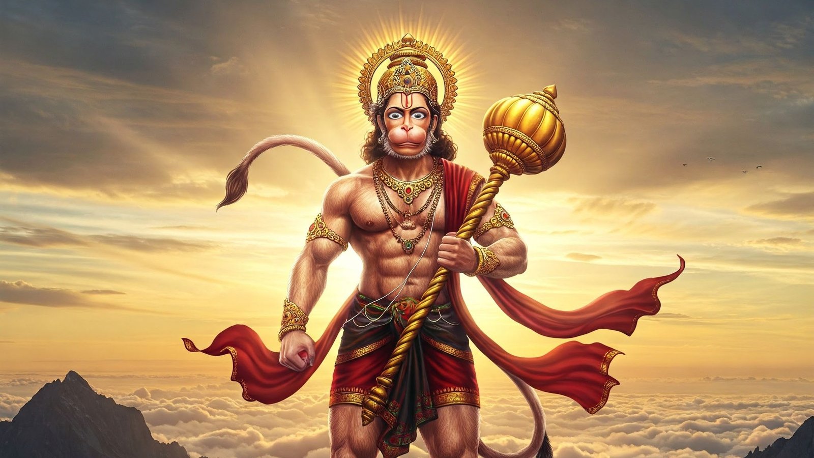 Lord Hanuman Standing Above the Clouds 4K Wallpaper for iPhone & Android