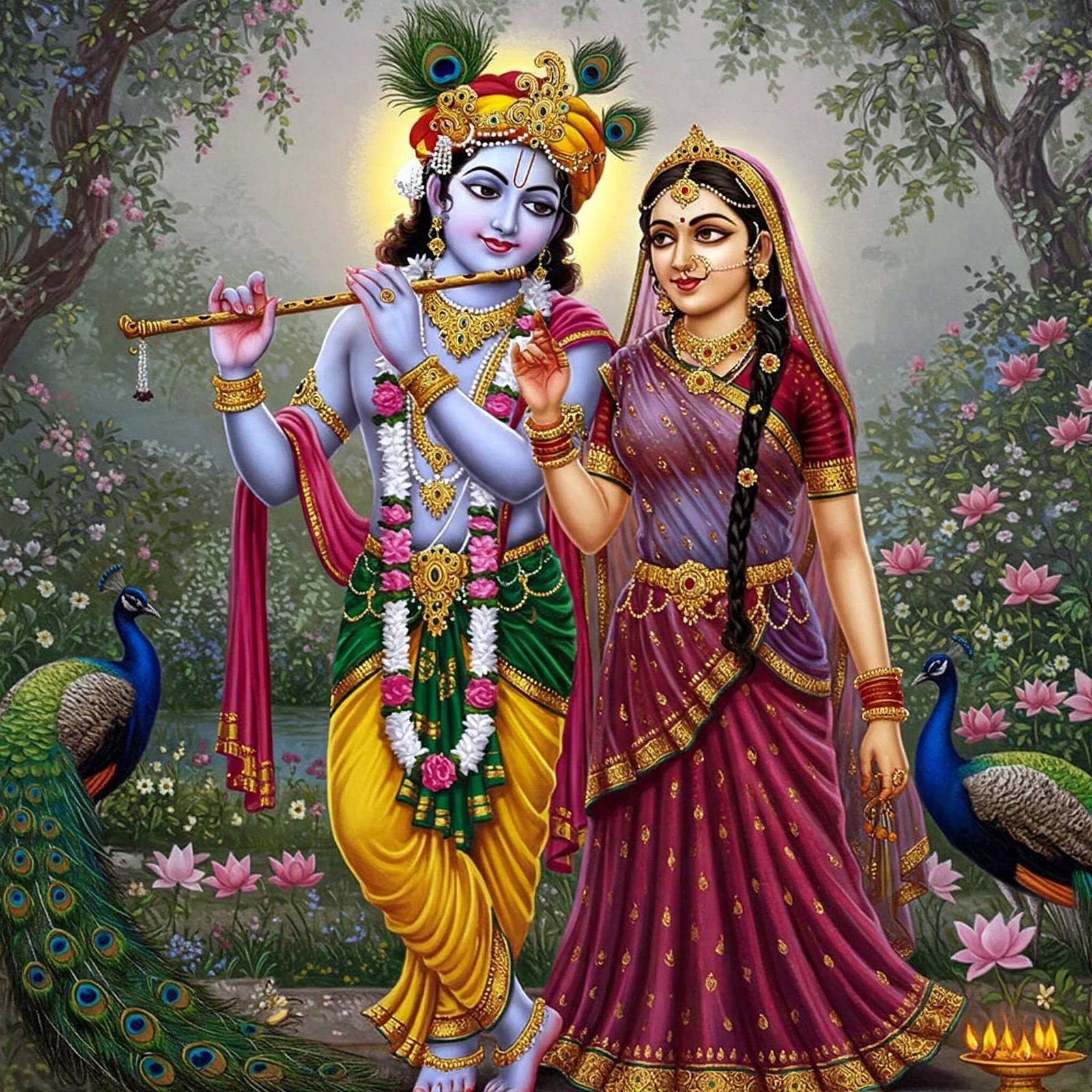 Radha Krishna Playing Flute in Divine Garden