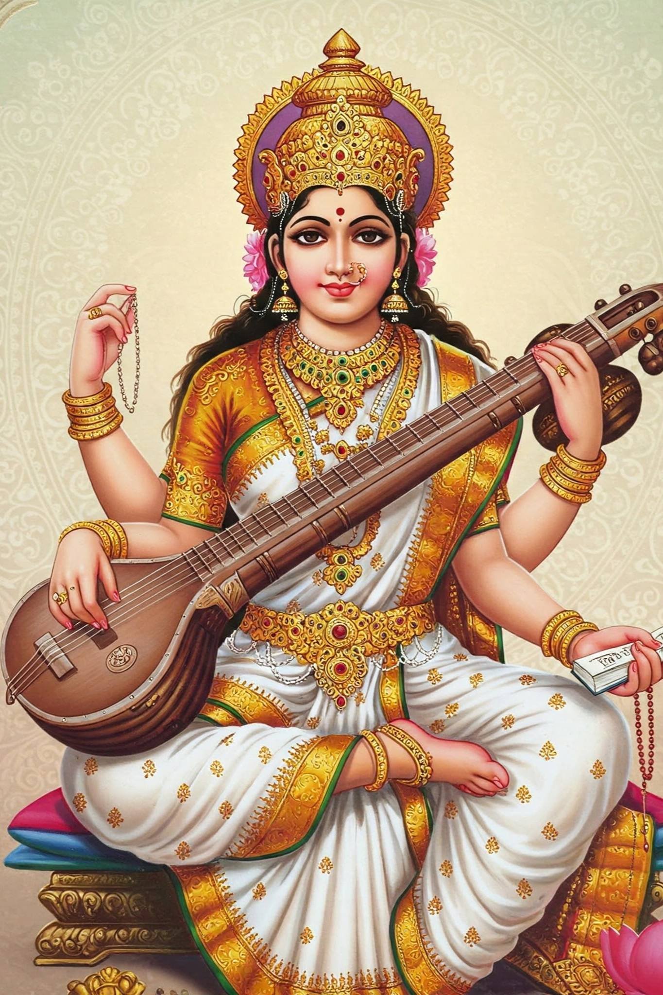 Goddess Saraswati in Divine Grace with Veena 4K Wallpaper for iPhone & Android