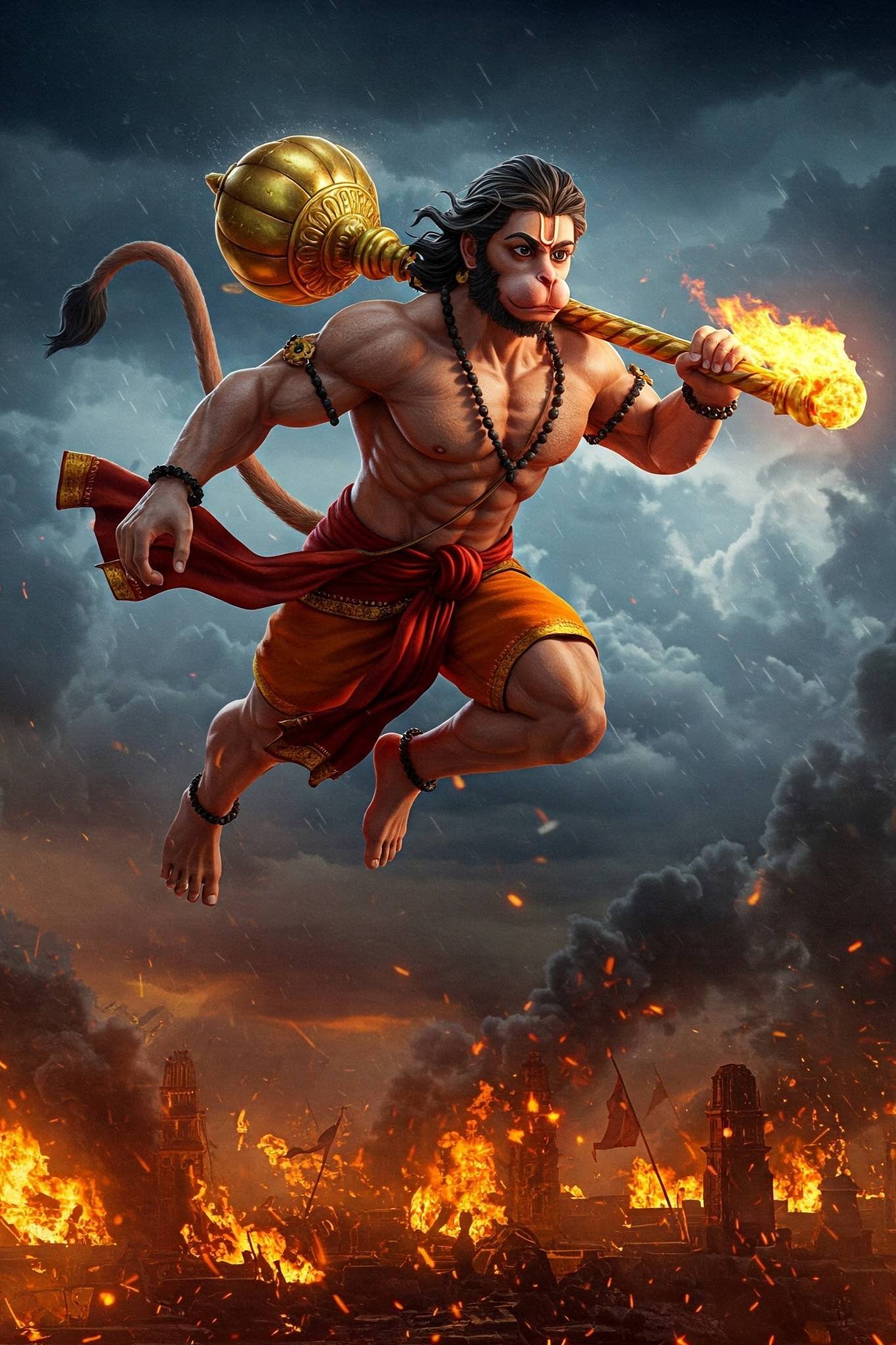 Lord Hanuman Burning Lanka with Divine Power 4K Wallpaper for iPhone & Android