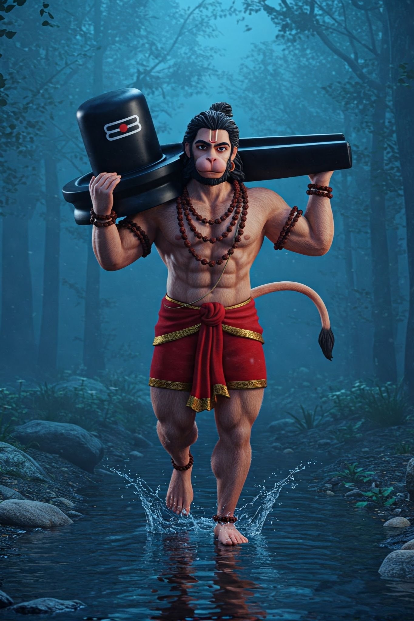 Hanuman Carrying Shivling in Forest - 3D Art