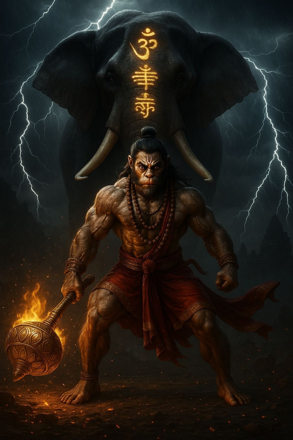 Warrior Hanuman with Divine Elephant