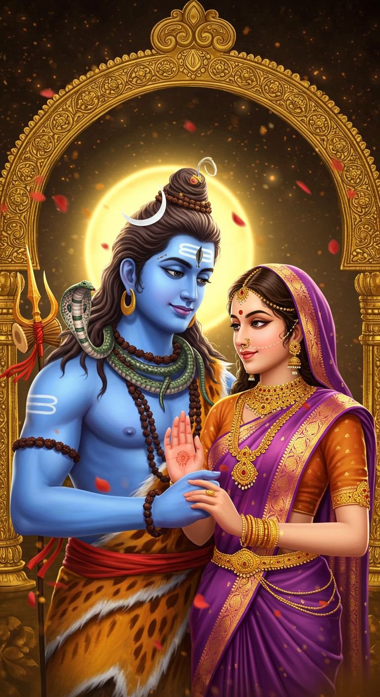 Shiv Parvati HD Wallpaper – Divine Love Under Golden Arch