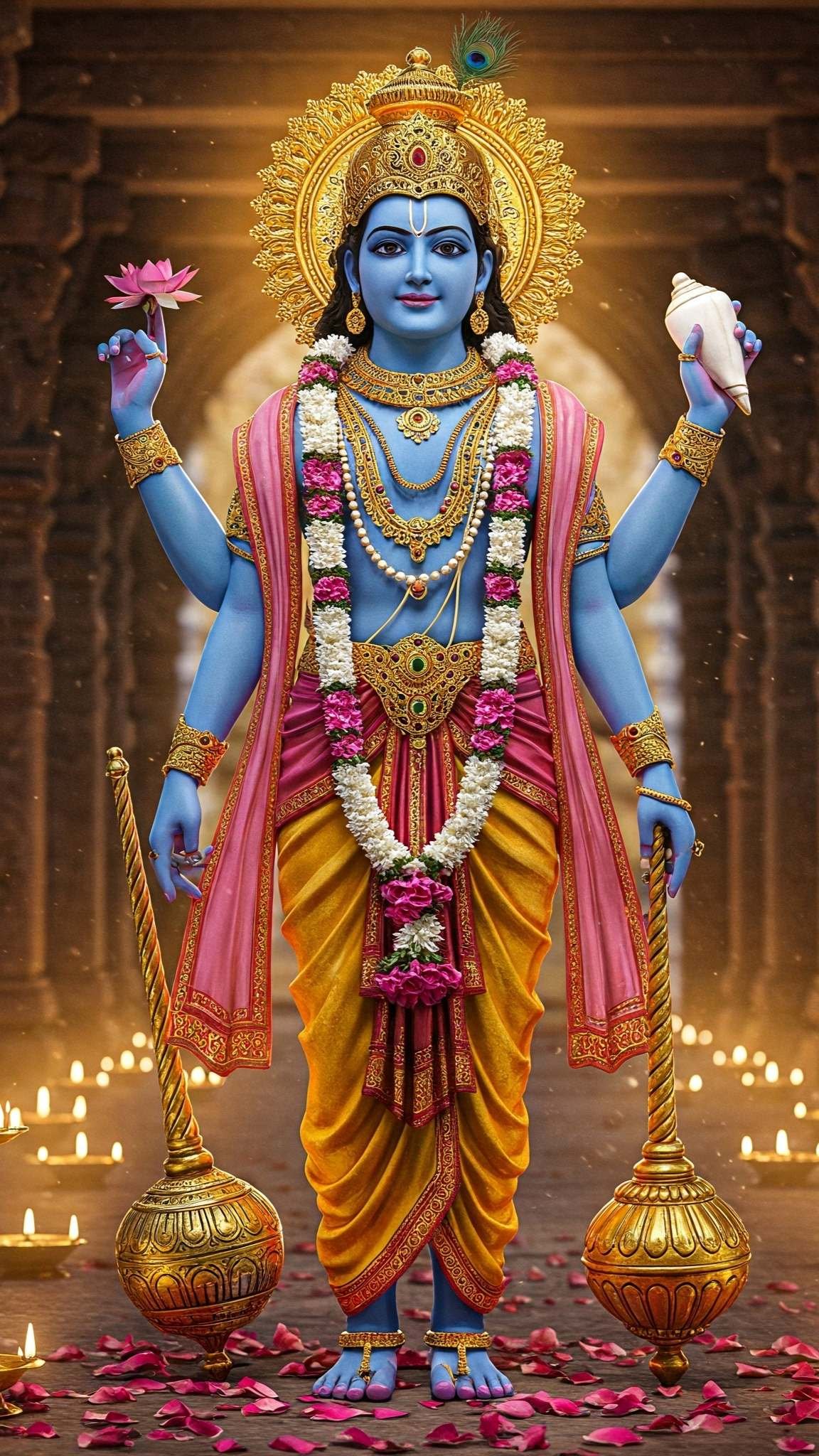Shri Vishnu Bhagwan Wallpaper – Divine Hindu God in Temple Setting
