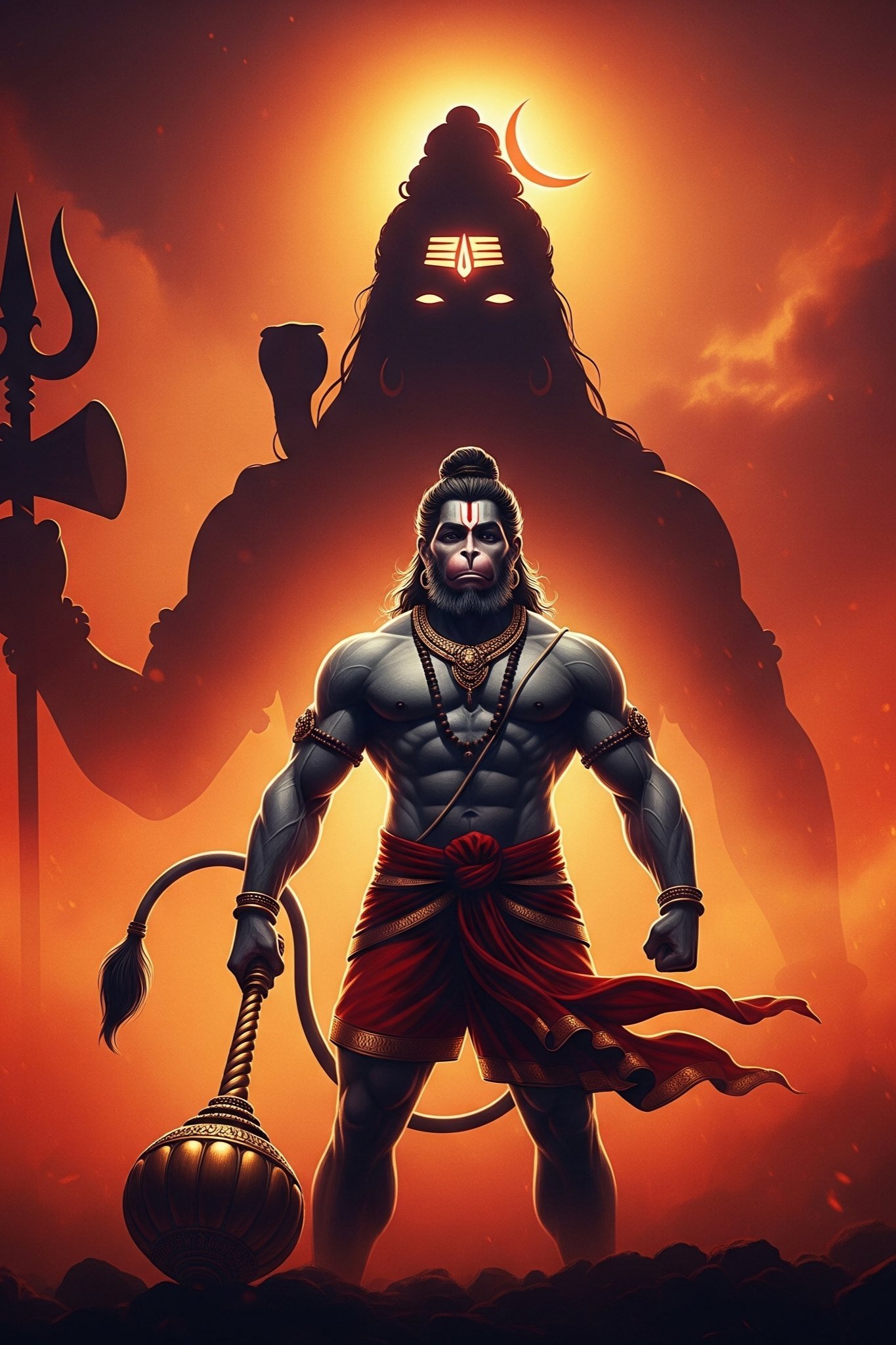 Lord Hanuman With Shiva’s Divine Shadow 4K Wallpaper for iPhone & Android