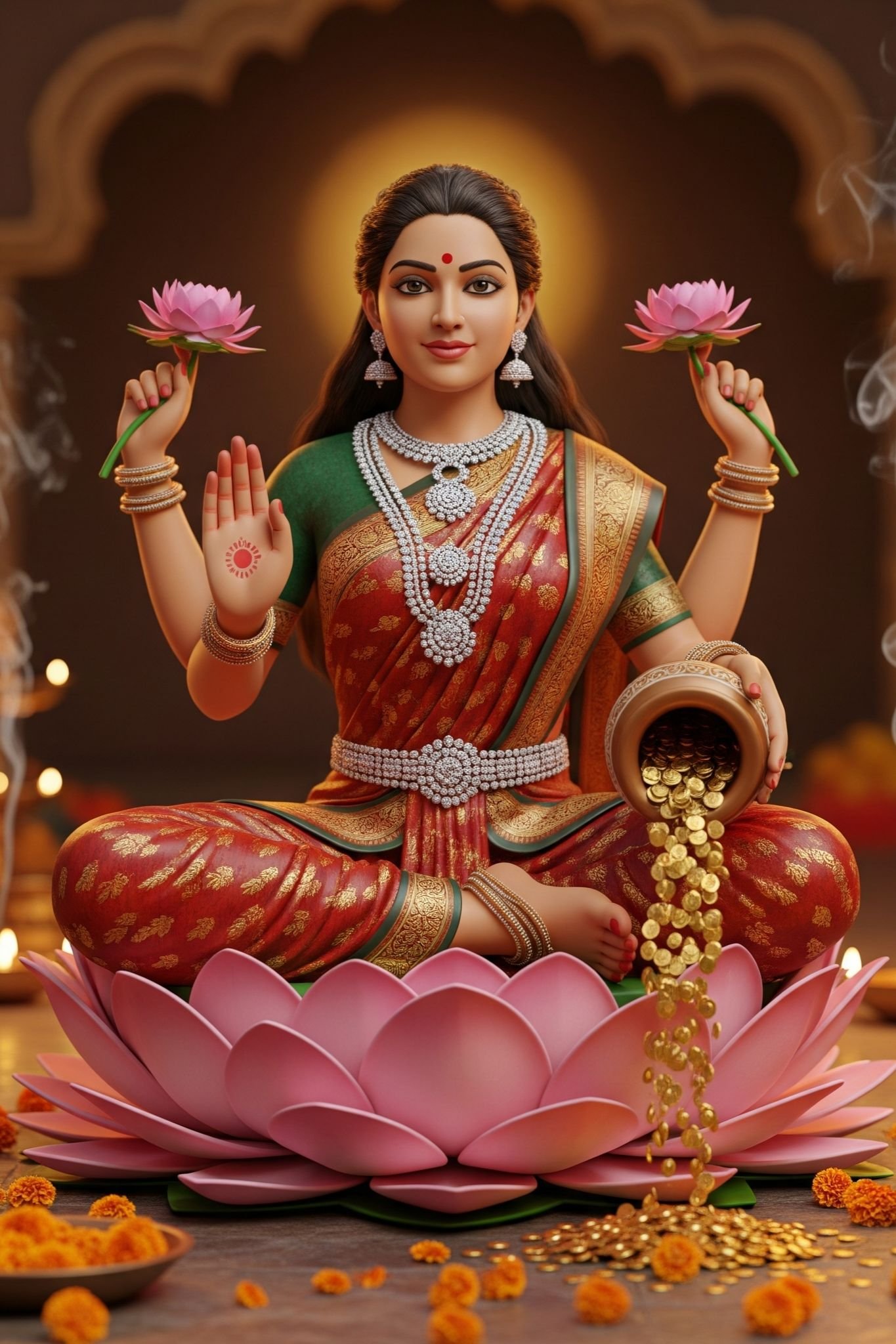 Goddess Lakshmi Blessing with Gold – Divine 4K Wallpaper