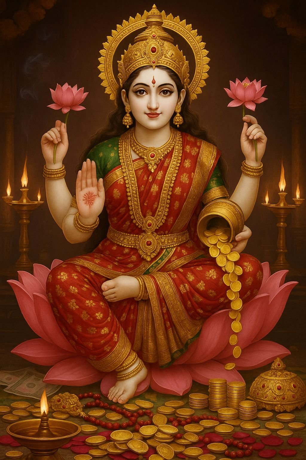 Traditional Lakshmi Mata with Gold Coins – HD Wallpaper