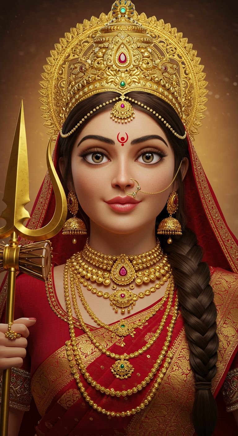 Divine Mata Durga in Red Saree with Trishul and Crown