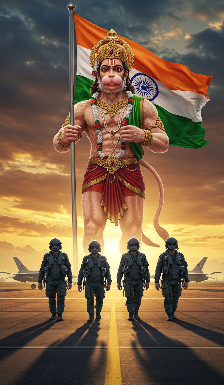 Jai Hanuman with Indian Army and Flag Art 4K Wallpaper for iPhone & Android