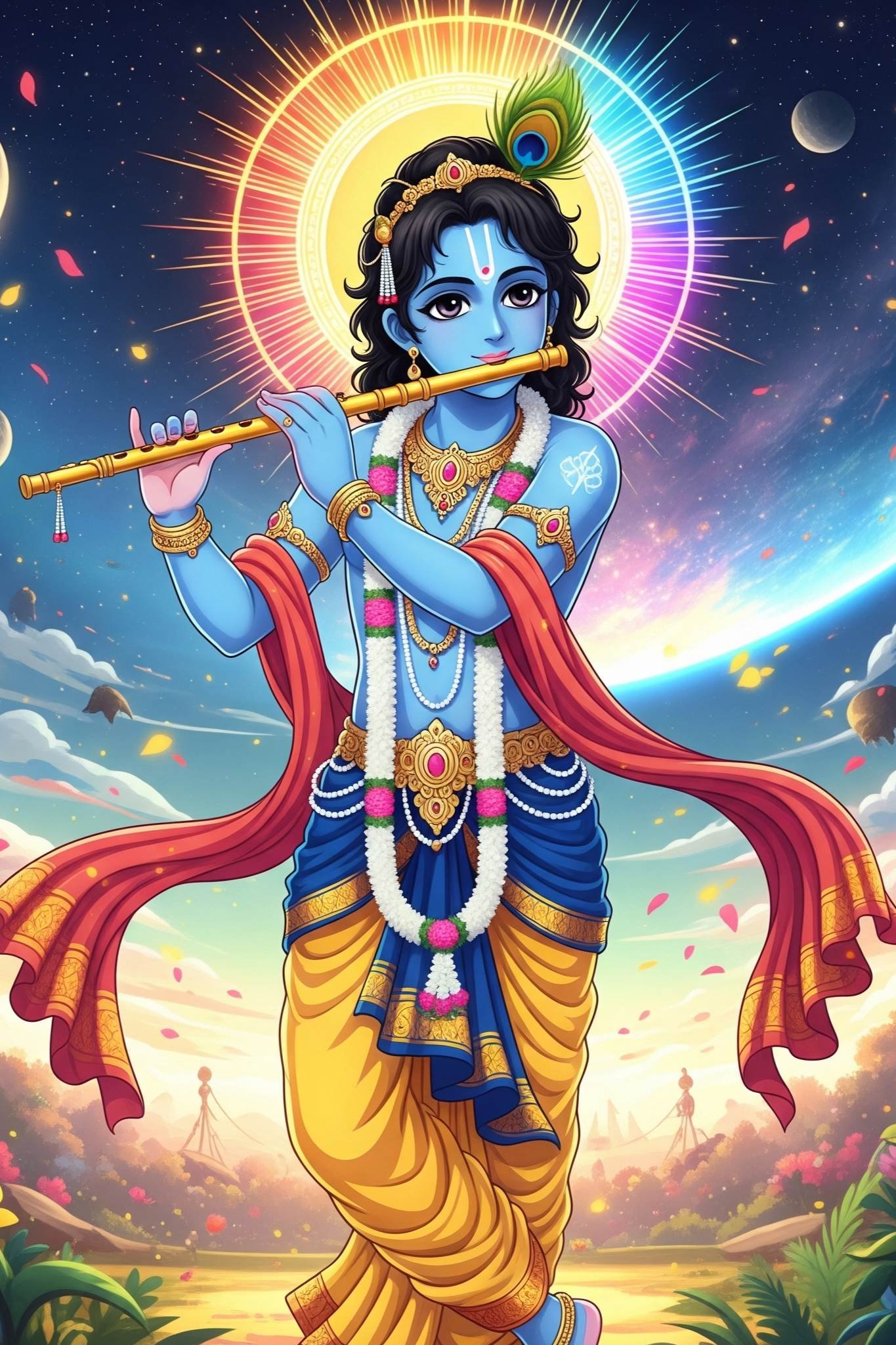 Divine Krishna Playing Flute in Cosmic Scene