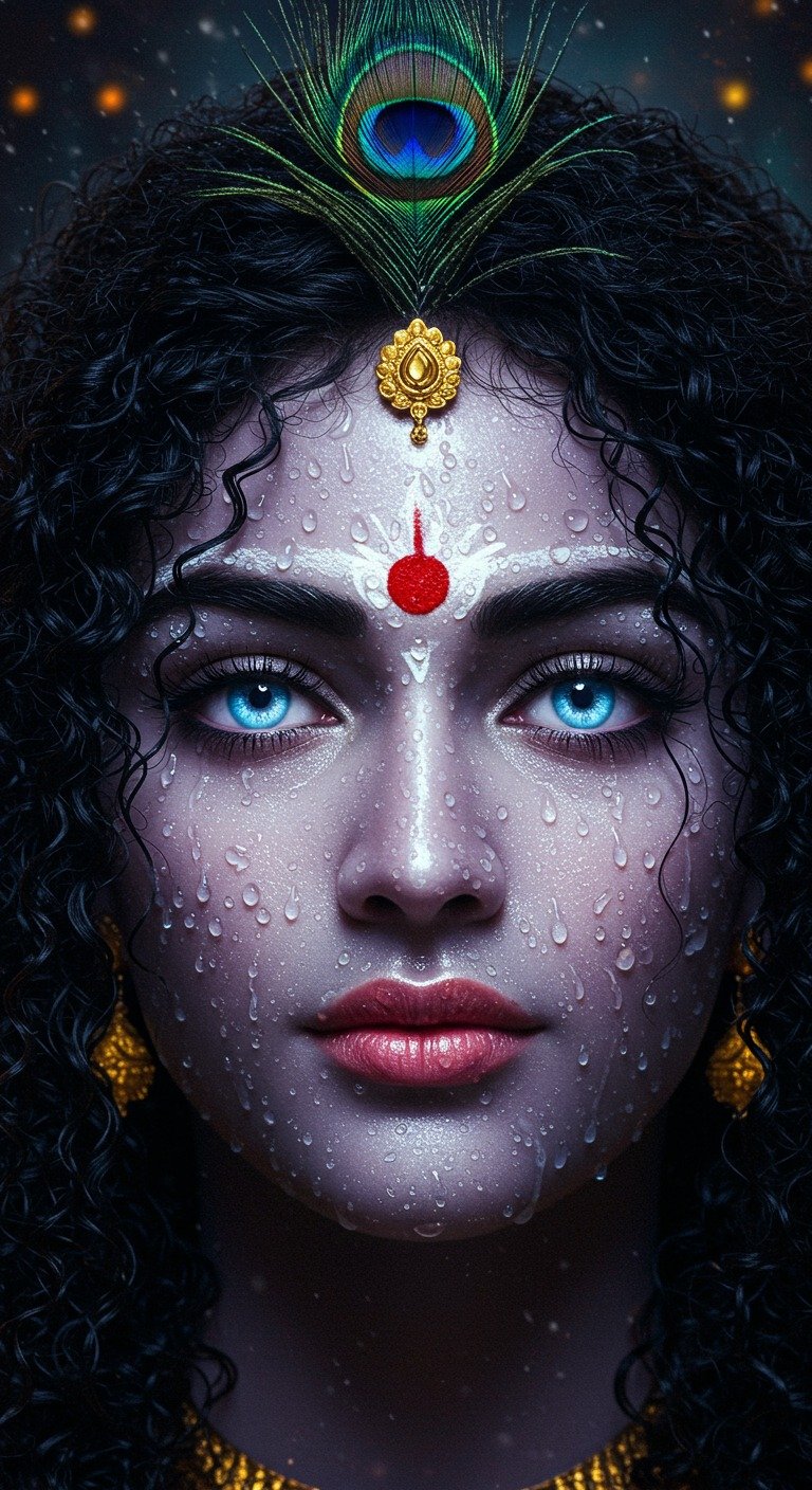 Divine Krishna Face with Blue Eyes & Raindrops