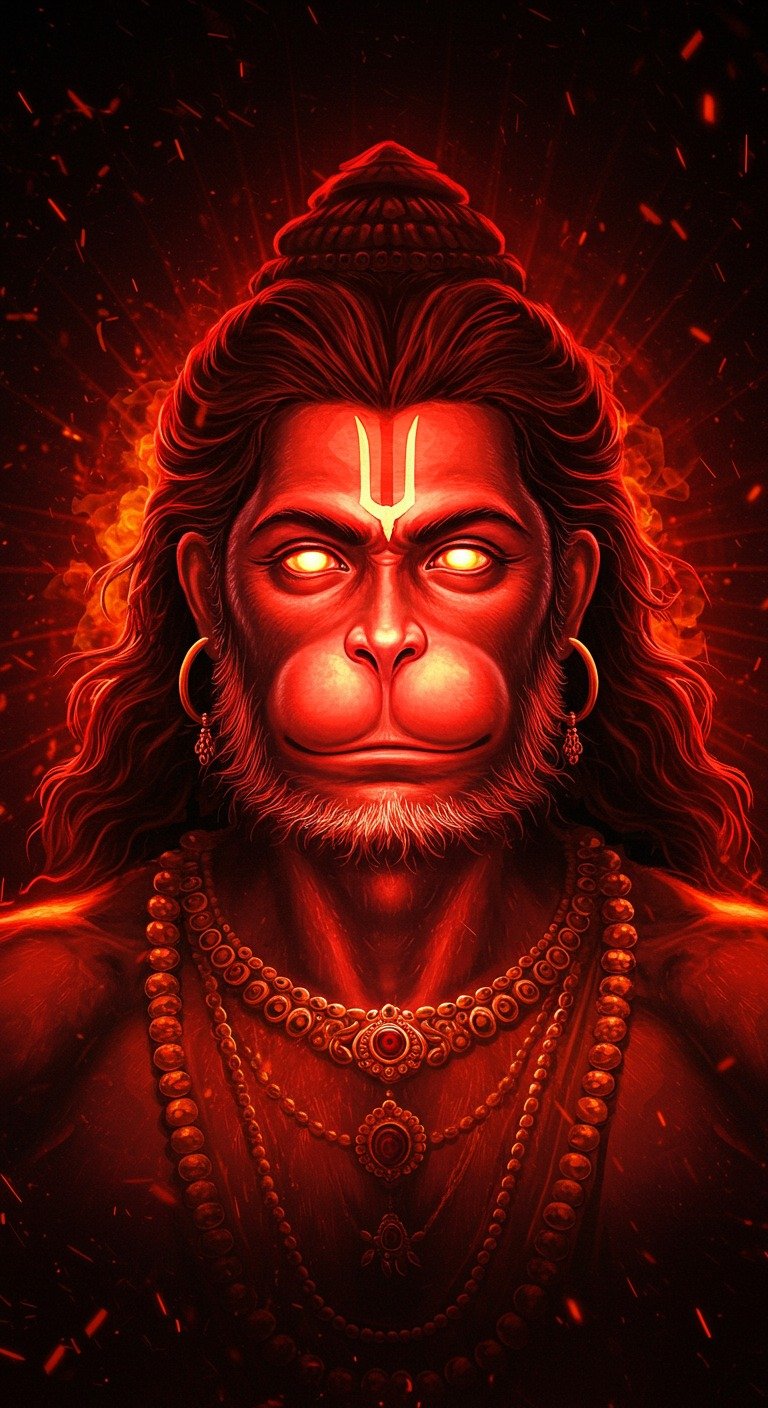 Fiery Hanuman with Glowing Eyes in Red Aura 4K Wallpaper for iPhone & Android