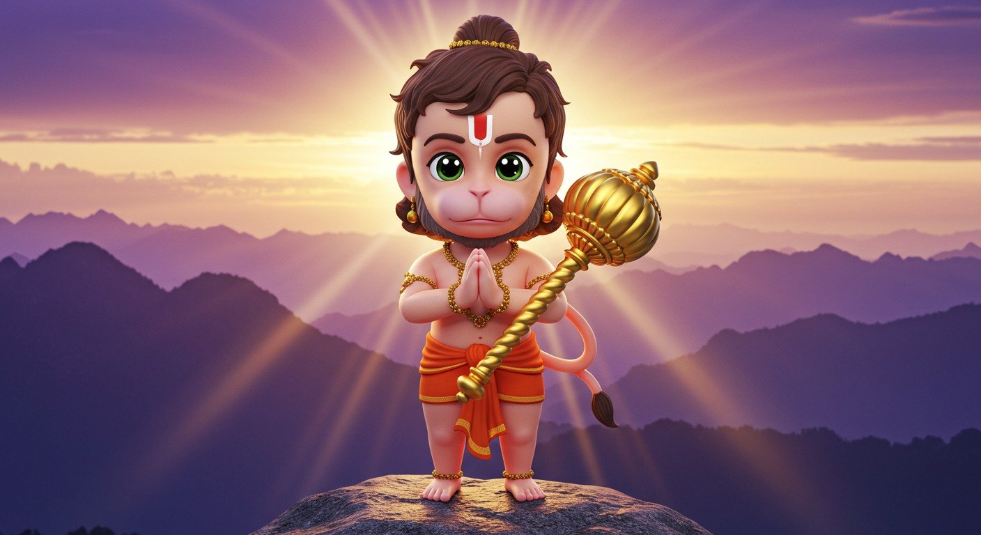 Adorable Baby Hanuman Standing on Mountain with Divine Sunrise 4K Wallpaper for iPhone & Android