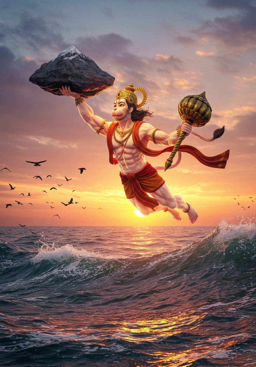 Hanuman Flying with Sanjeevani Mountain