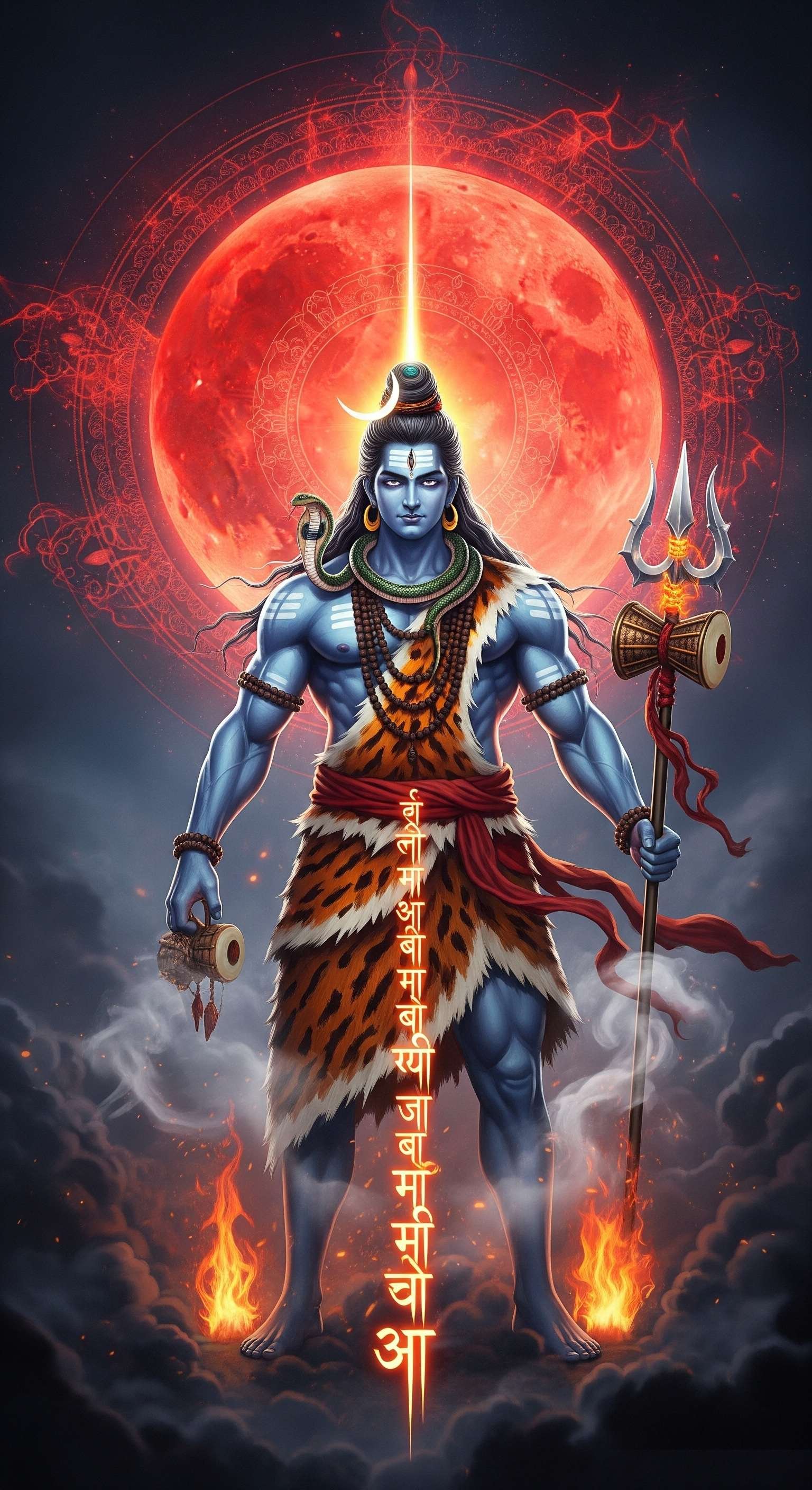 Lord Shiva with Trishul and Red Moon Background