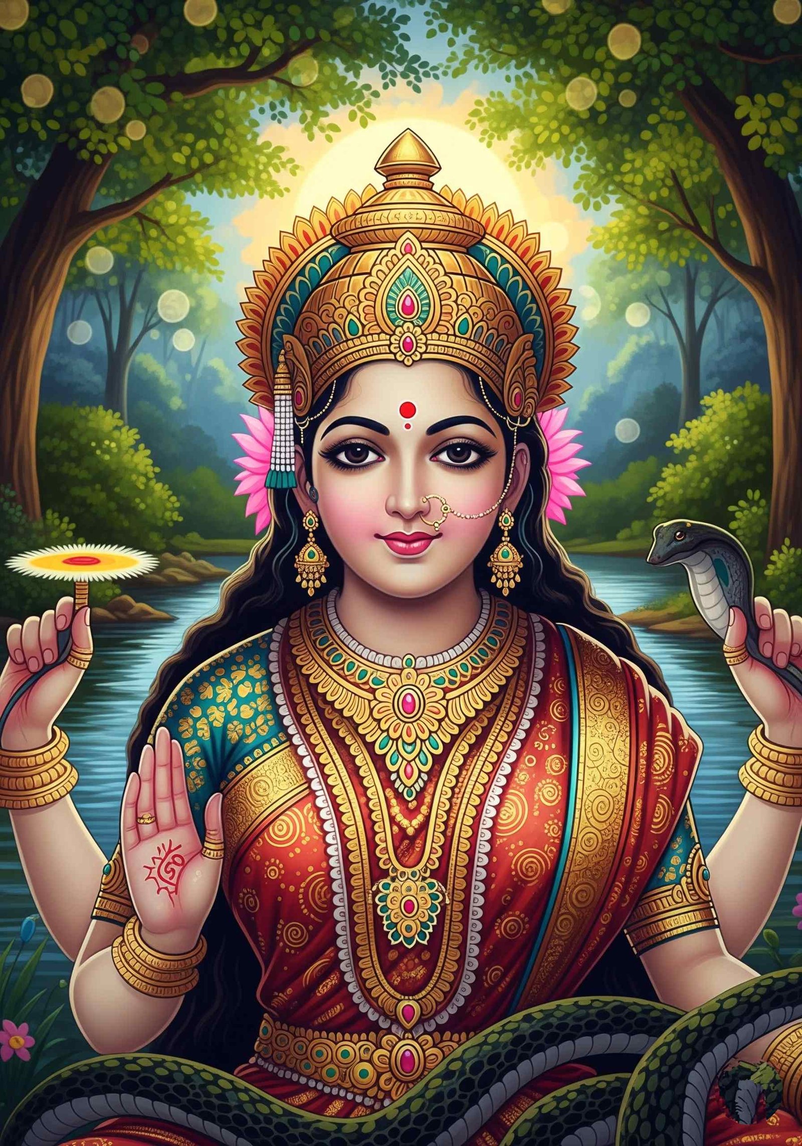 Goddess Manasa Devi in Serene Forest Background