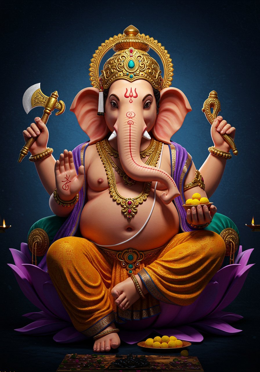 Lord Ganesha Sitting on Lotus with Modaks and Axe