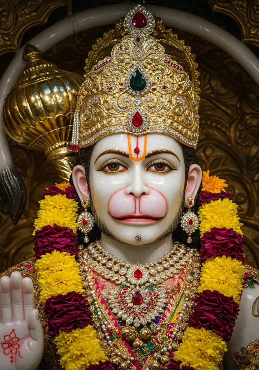 Ornate Hanuman Idol with Garland and Golden Crown 4K Wallpaper for iPhone & Android