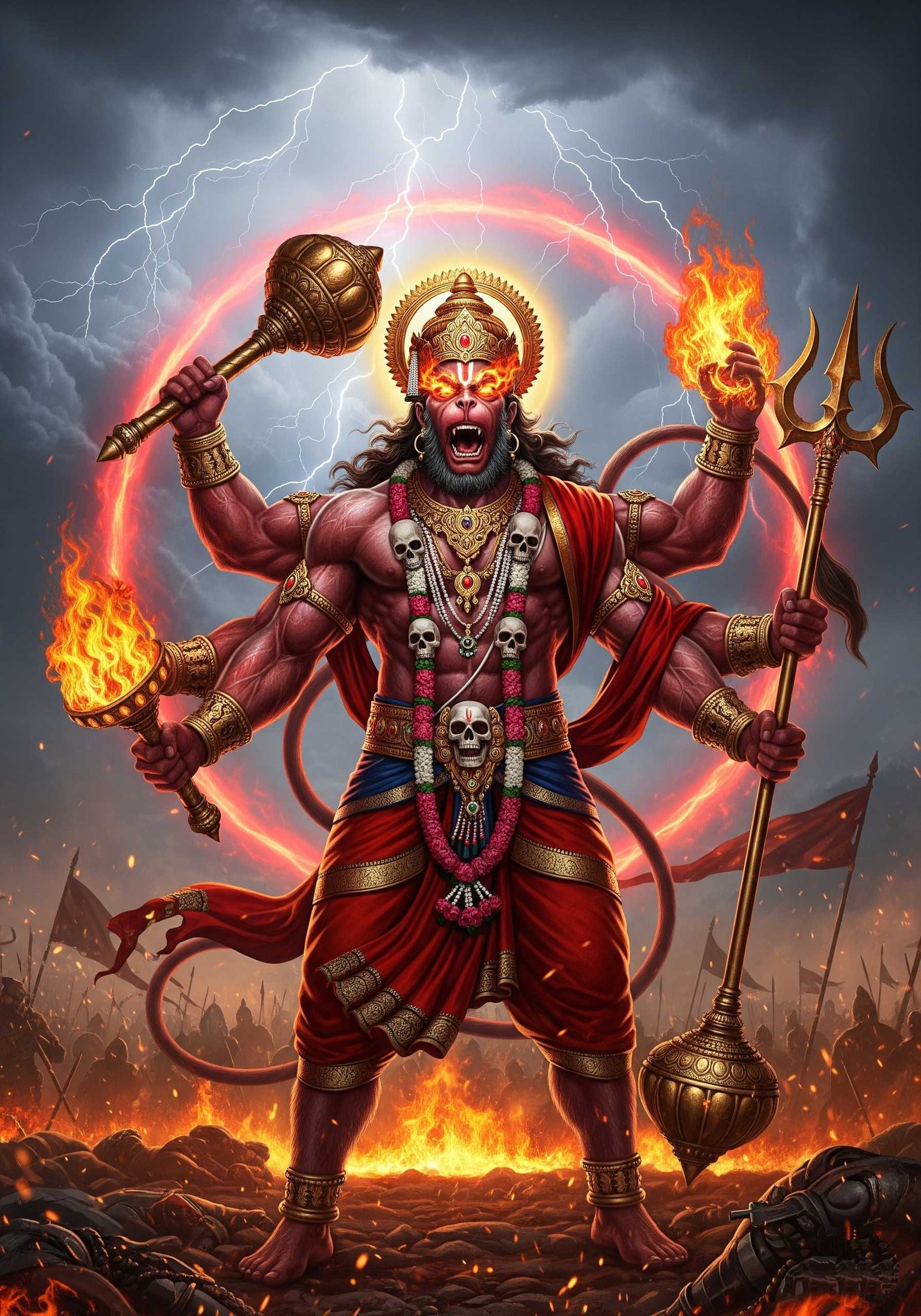 Fierce Panchamukhi Hanuman in Battle with Fire and Lightning