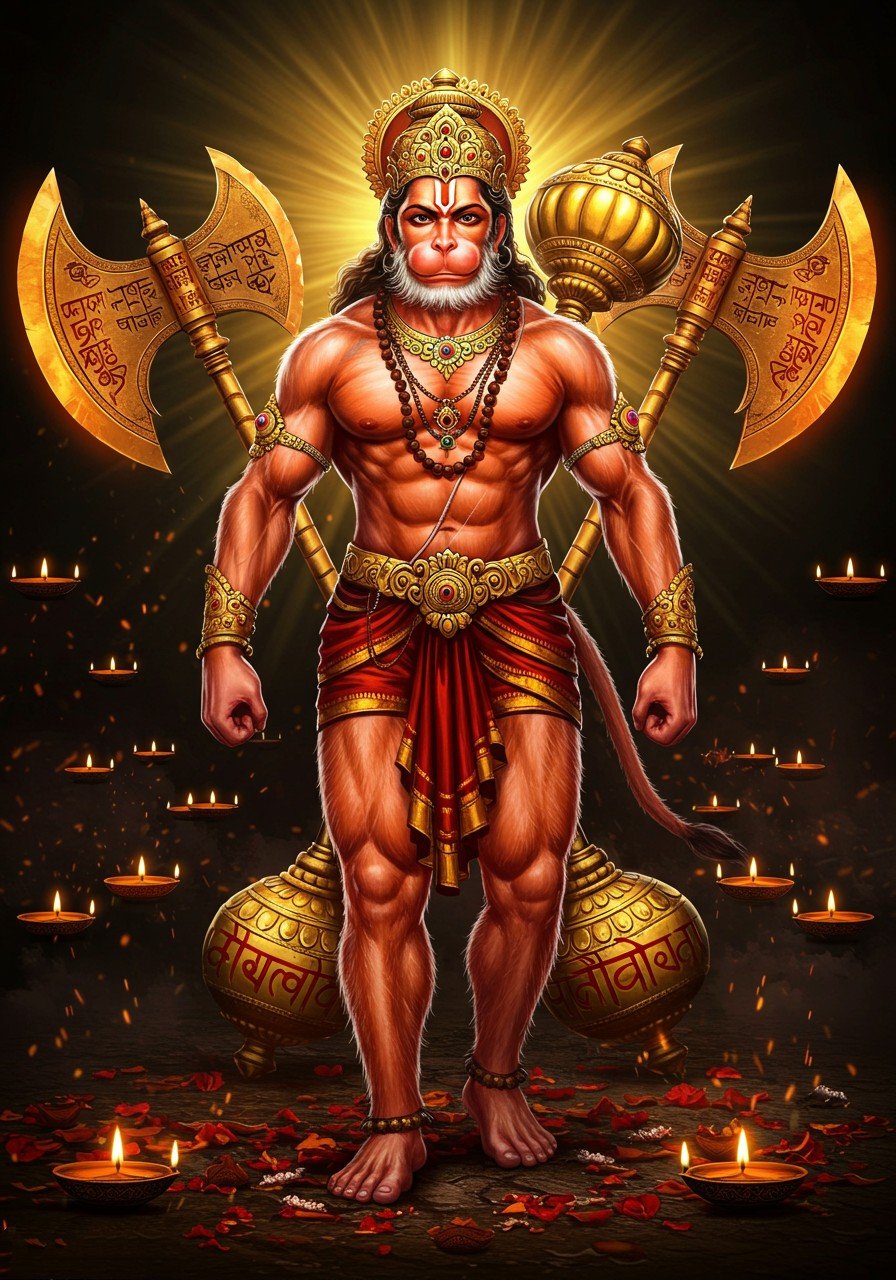 Powerful Lord Hanuman with Golden Axe and Divine Aura