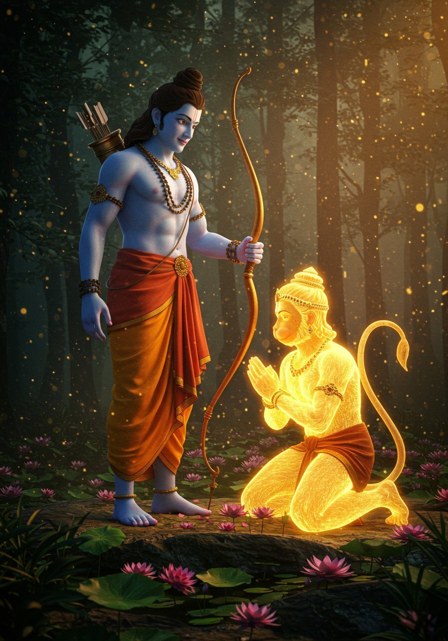 Divine Hanuman Bowing to Lord Rama in Forest 4K Wallpaper for iPhone & Android