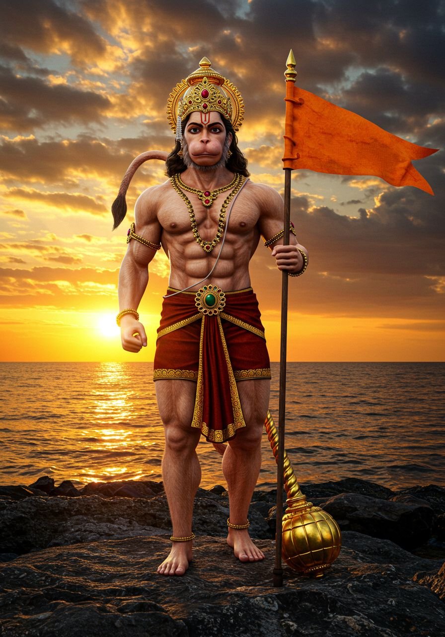 Lord Hanuman with Flag at Sunset by the Sea