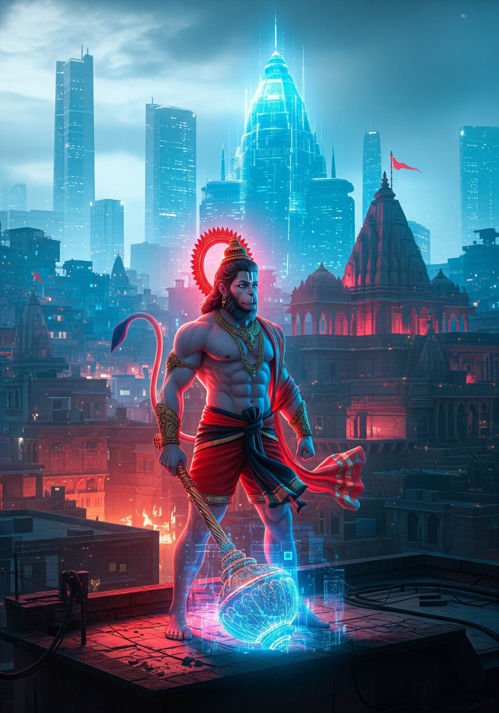 Lord Hanuman with Futuristic City and Digital Gada