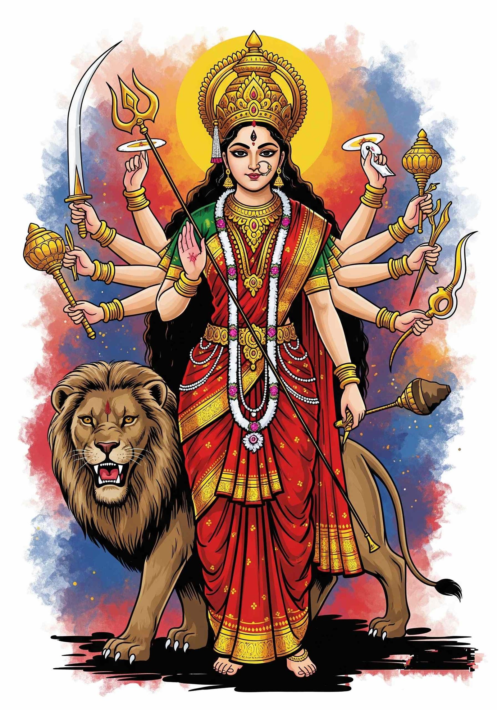 Divine Durga Illustration with Lion and Sacred Weapons