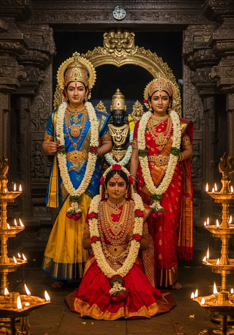 Temple Ritual Scene with Women in Traditional Deity Attire