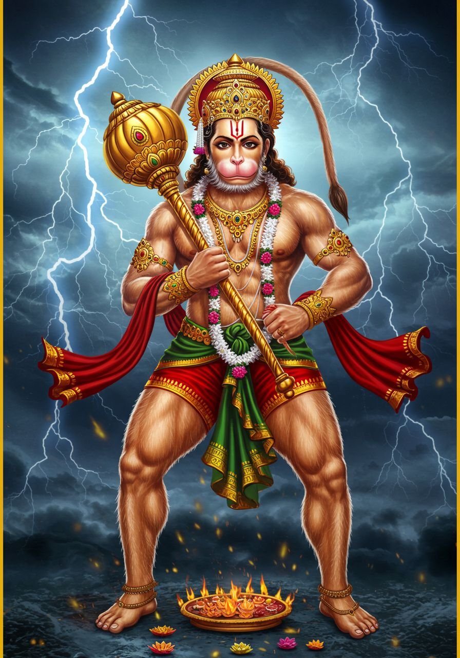Mighty Lord Hanuman in a Thunderstorm with Golden Mace