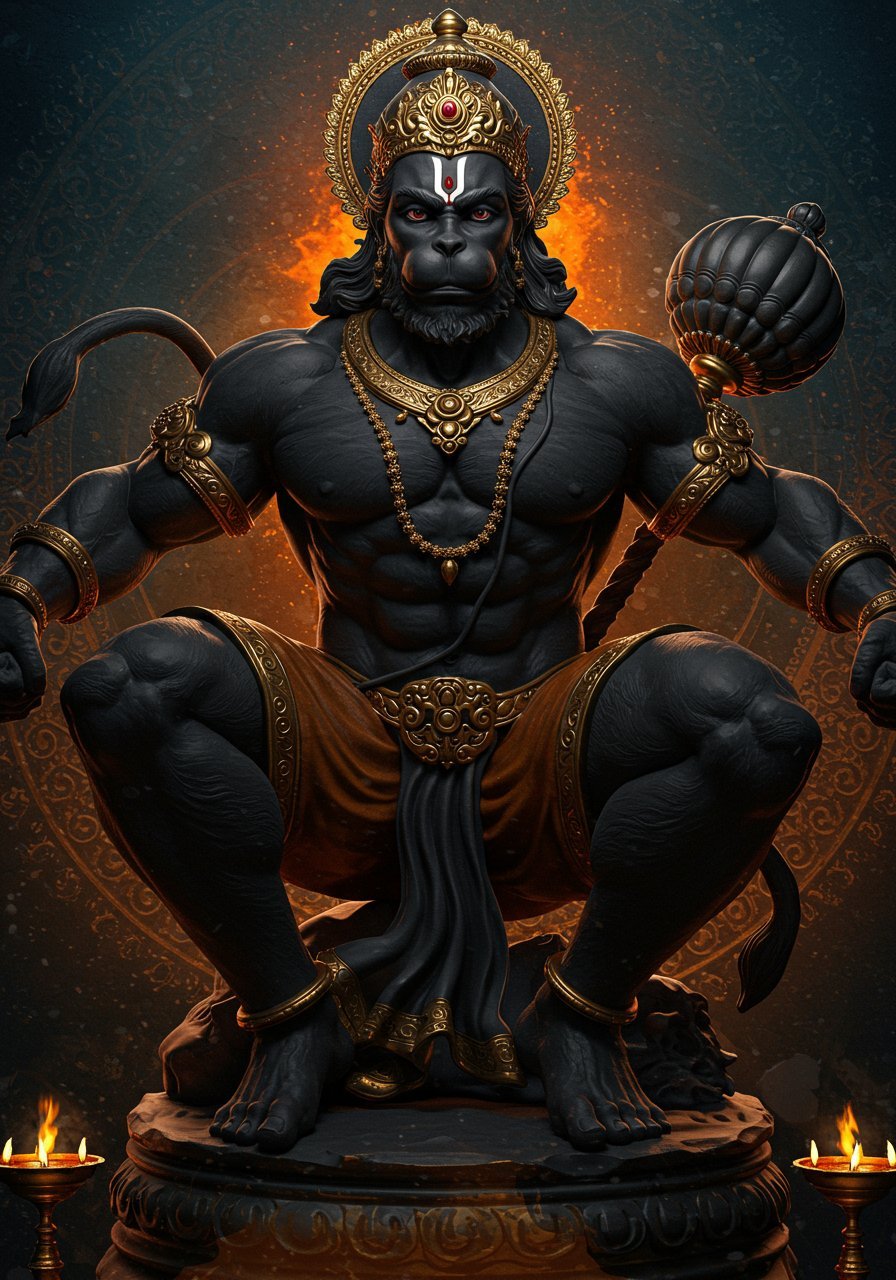 Fierce Black Hanuman Sitting with Mace and Fire Aura