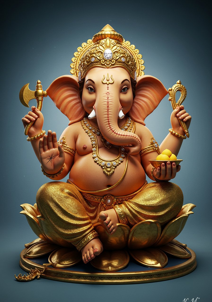 Golden Ganesha Sitting on Lotus Holding Modak and Axe 4K Wallpaper for iPhone & Android