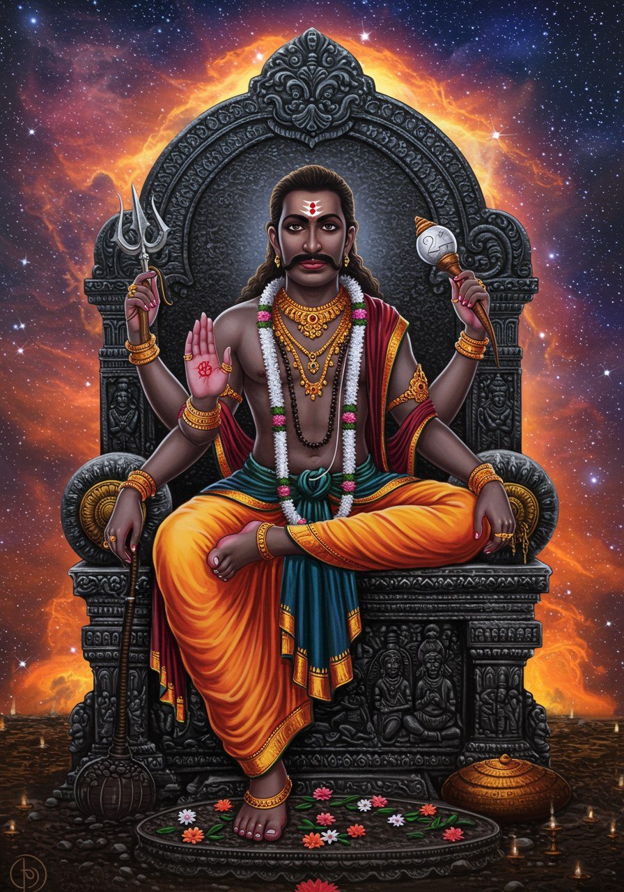 Shanidev Seated on Throne with Divine Aura